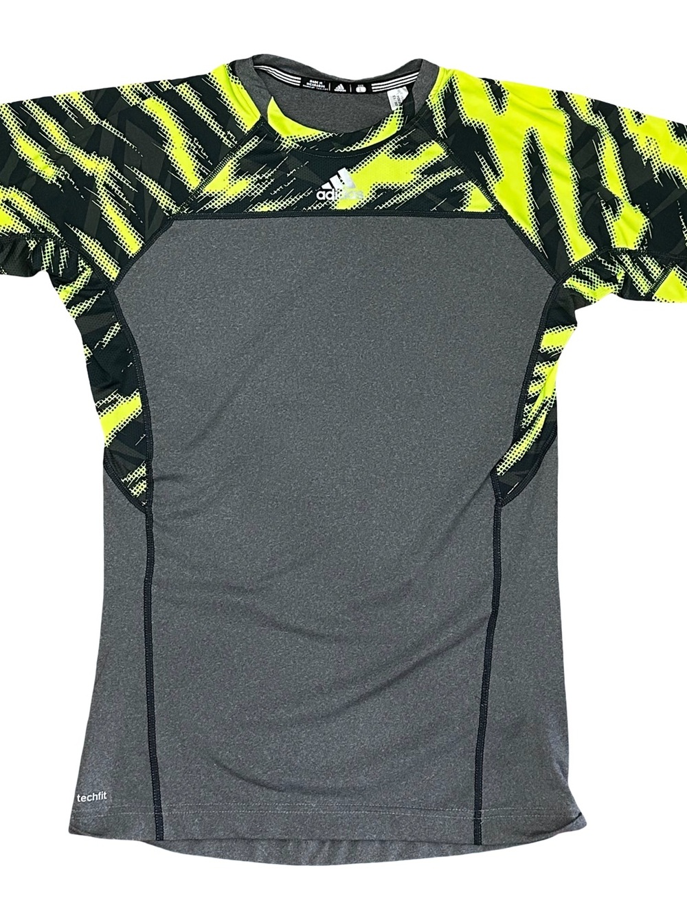 Adidas Techfit Men’s Size L Compression Shirt Grey/Neon Yellow